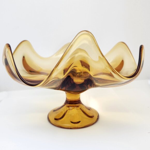 Viking EPIC, Six Petal, Pressed Glass, Amber, Pedestal Fruit Bowl, 9" Diameter - Picture 4 of 11